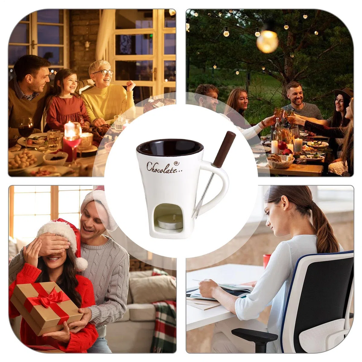 Taza de Fondue de Chocolate 11x8,8x1 2cm Juego de tazas para fondue de chocolate con Vela y Tenedor 200 ml Taza de Cerámica Calientatazas para Fondues Resistente al calor para Queso Mantequilla