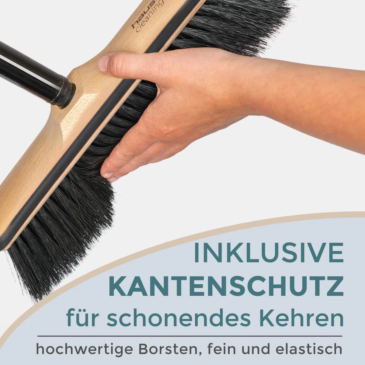 Hausfelder Escoba de 30 cm con mango de 4 piezas y protección de bordes, escoba para parqué, azulejos, interiores, escoba con cerdas sintéticas suaves para el cabello, polvo, mango de tornillo para