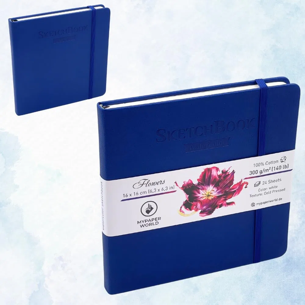 Mypaperworld Cuaderno de dibujo cuadrado de acuarela, 300 g/m², 100% algodón, 16 x 16 cm, sin ácidos, 24 hojas, 48 páginas, prensado en frío, azul oscuro