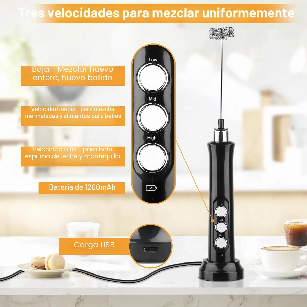 NVIYAM Espumador de Leche, Espumador Leche Electrico - USB Recargable, Mini Batidora Portátil, Espuma Electrico con 3 Batidores de Acero Inoxidable, 3 Velocidades para café, Matcha, capuchino