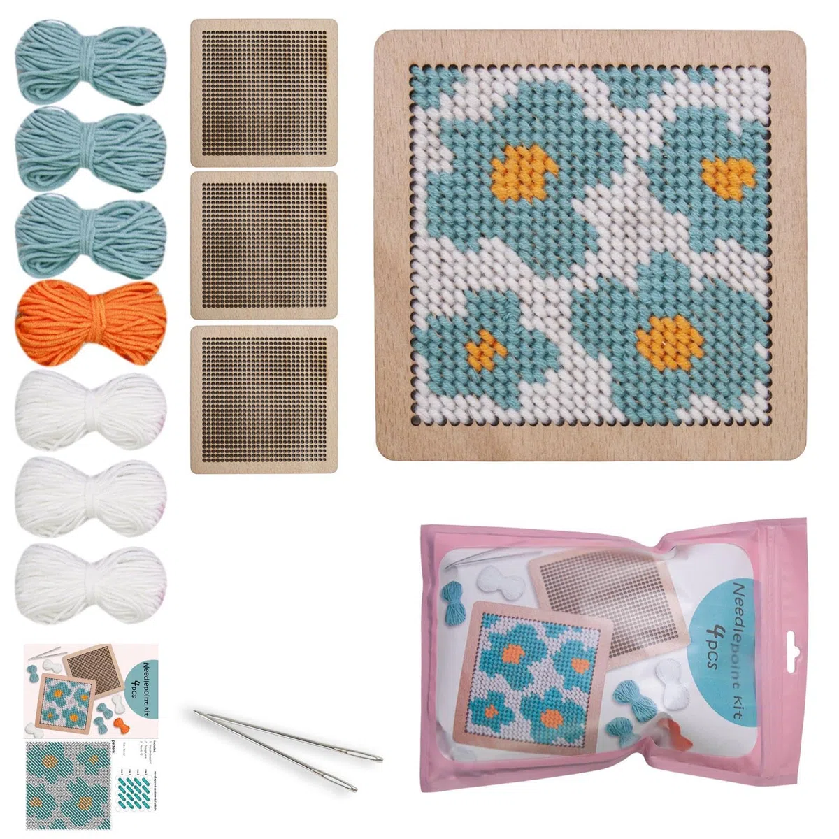 Kit de posavasos de punto de aguja, kit de posavasos de bordado para punto de cruz, 7 hilos, 2 agujas de tejer, juego de costura hecho a mano para adultos