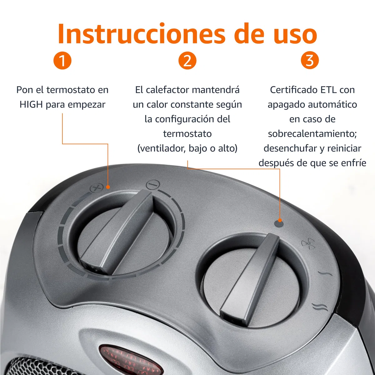 Amazon Basics Calefactor de cerámica, 1800 W, con termostato ajustable, Plateado