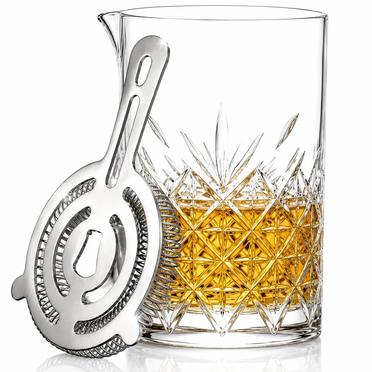 Jarra de cristal para mezclar cócteles con colador Hawthorne, jarra grande de 725 ml de cristal cortado para mezclar cócteles (plata)
