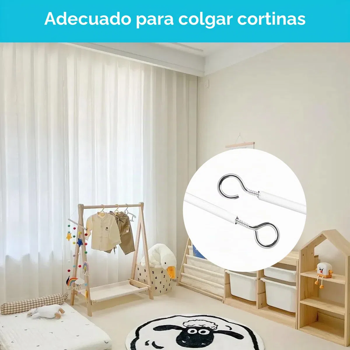 15M Alambre de Cortina, Blanco Gusanillo, Cuerdas con 30 Pares Ganchos Atornillables y Ojales, Cortinas Ducha, Tendederos