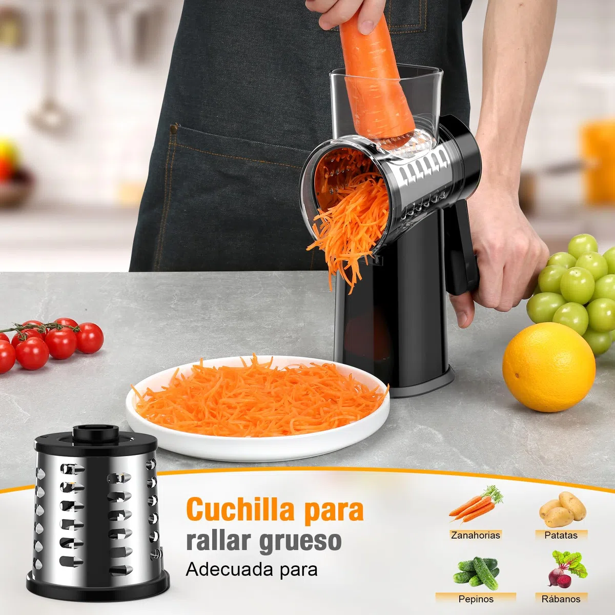 Ibergrif Rallador de Queso Manual con Manivela, Rallador Giratorio Multifunción - 3 Cuchillas de Acero Inoxidable 430 para Cortar, Rallar y Laminar, con Protector de Dedos y Base con Ventosa