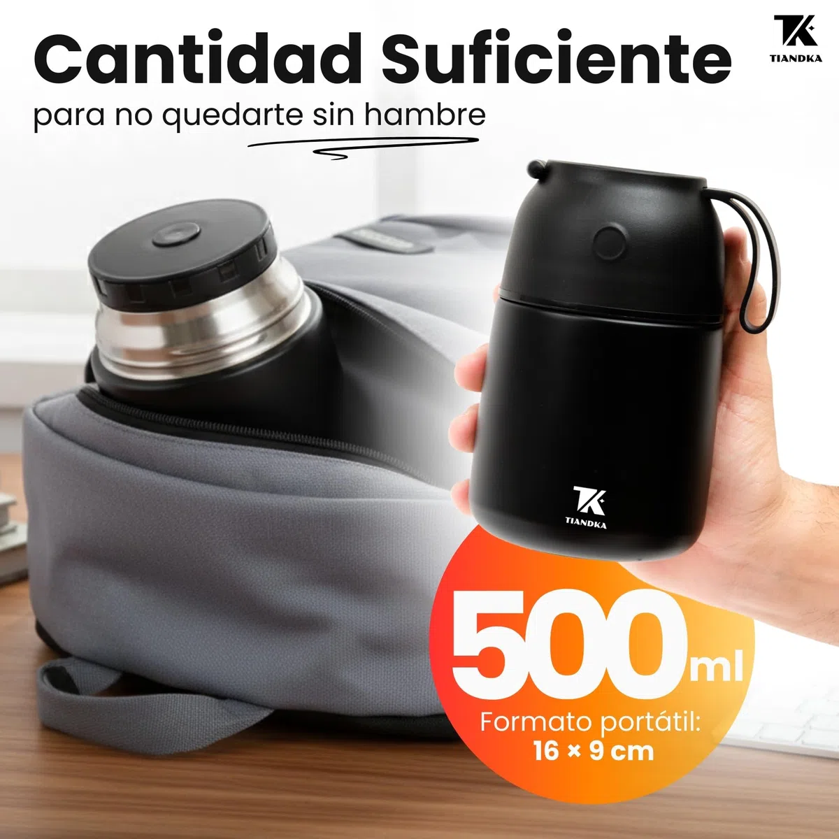 Termo Comida Caliente con Bolsa de Transporte, Servilleta Reutilizable, Cuchara y Tenedor Acero Inoxidable, 500ml, Fiambrera Termica, Termo solidos bebe, Tupper Termico, Apto Lavavajillas