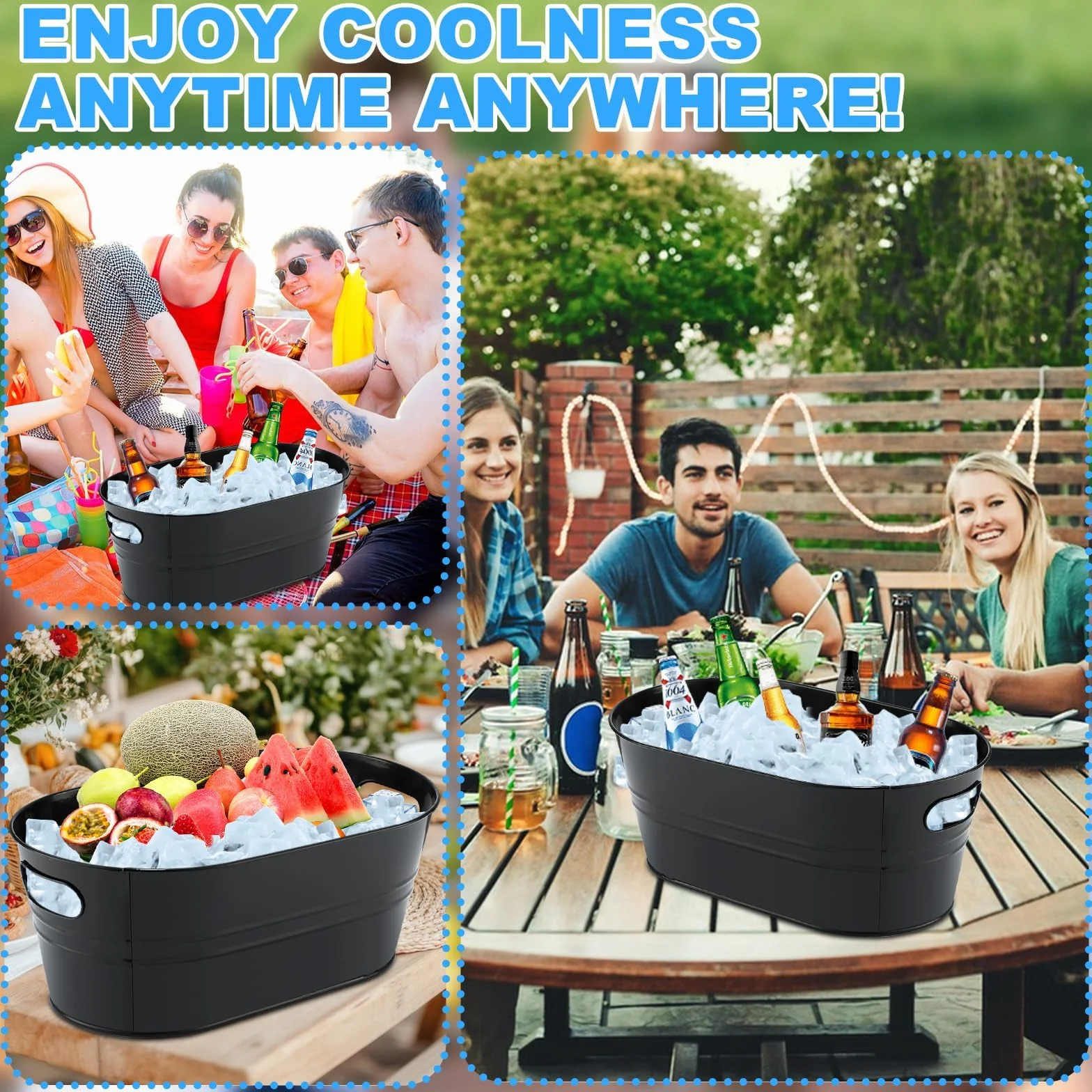 Paquete de 4 cubos de acero galvanizado para bebidas con asas, ideal para fiestas, barbacoas y bares, botellas de refrigeración, latas de cerveza o refrescos