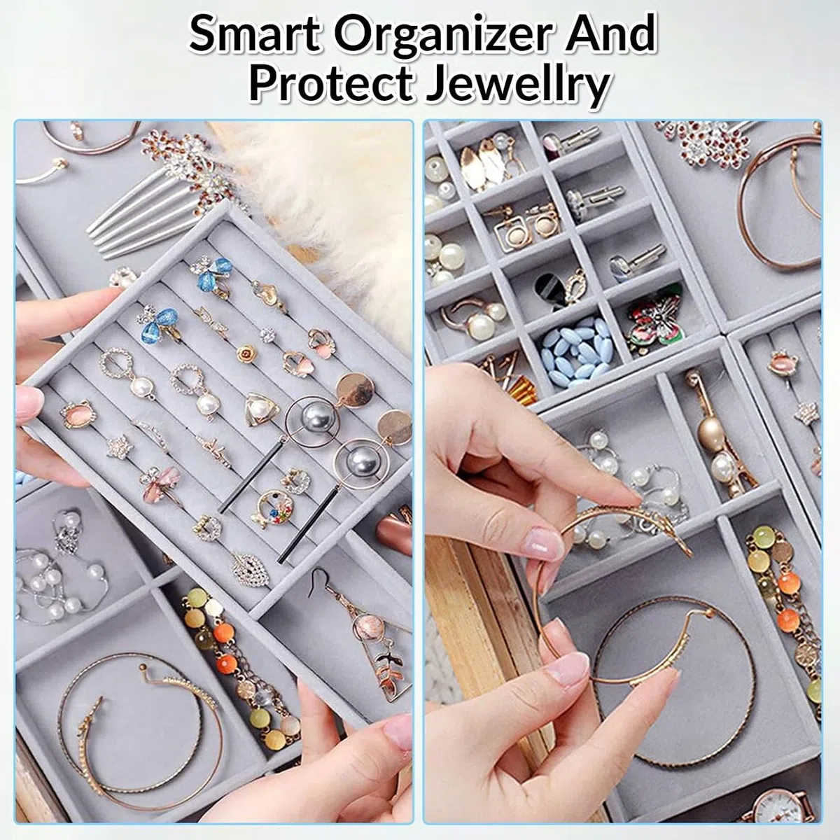 5Pcs Bandejas de Joyería,Bandeja de Terciopelo Apilables de Joyas,6/3/18/0cuadrículas,Bandeja Almacenamiento de Joyas Organizador deJoyas para Mujer y Niña,Joyas Anillos Pulseras Relojes-Gris