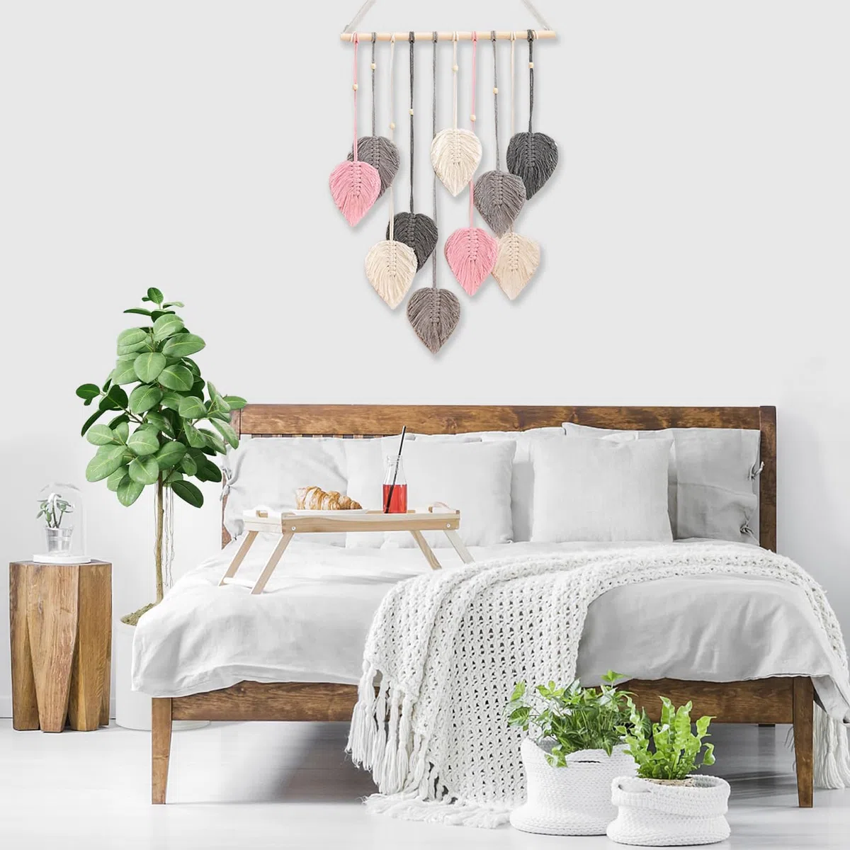CCAIPU Tapiz Pared de Macramé, Tapiz Tejido con Hojas de Bohemia, Hecho a Mano, Decoración de Pared con Plumas y Hojas para Sala de Estar, Dormitorio y Hogar (Gris Rosa)