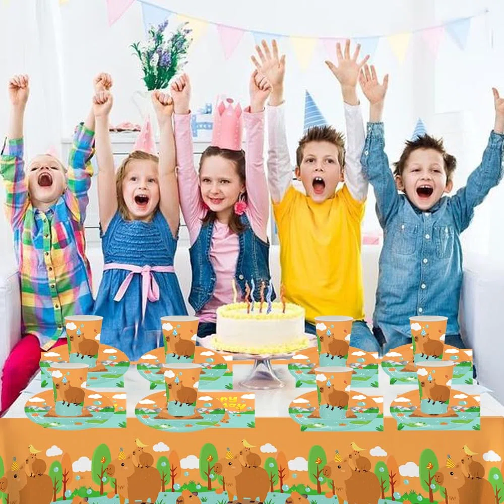 61 Piezas Capybara Party Tableware, fiesta temática Capybara, juego de vajilla incluye platos, tazas, servilletas, manteles, adecuado para baby shower, fiesta de cumpleaños (20 personas)