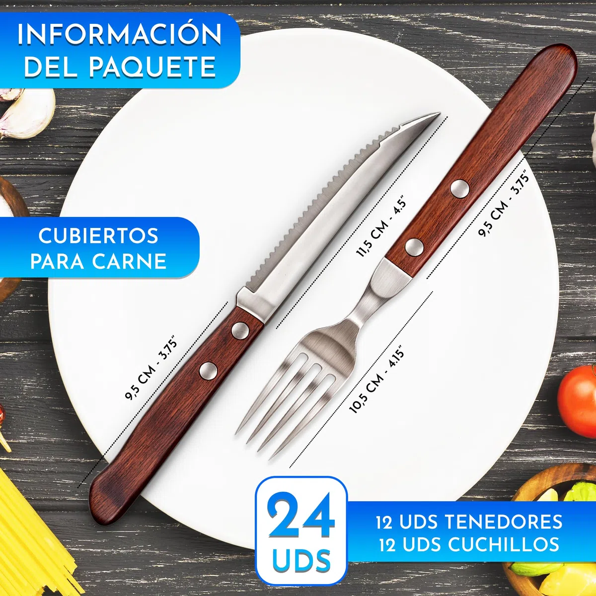 Cubiertos carne acero inoxidable madera 24 piezas con cuchillos carne 12 piezas y 12 piezas de tenedores de carne