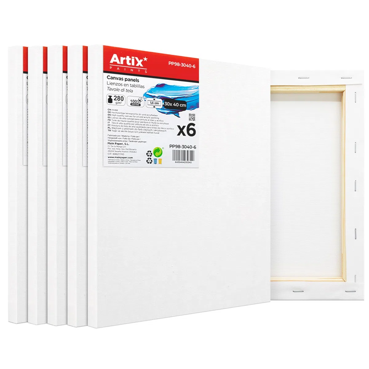 ARTIX - Set de 6 Lienzos para Pintar 30x40x1.5 cm, Paneles Imprimados, 100% Algodón, Lienzos Preestirados para Pintura Acrílica, Con Bastidor de madera, para Artistas Profesionales o Principiantes