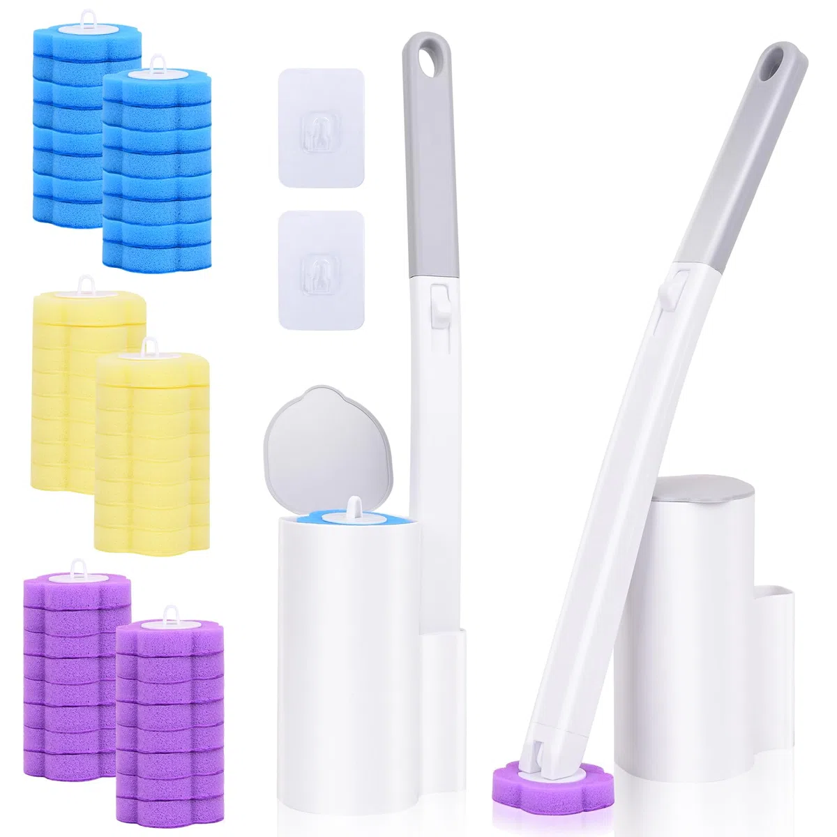 Juego de 2 cepillos de inodoro con 48 piezas de repuesto para limpiador, cabezal flexible, set con soporte y mango para lavabo, inodoro y piscina