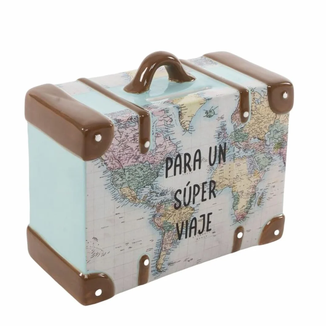 Hucha Decorativa Maleta Ceramica - para un Super Viaje, 14,7 x 13 x 7,1 cm. Hucha con Tapa.