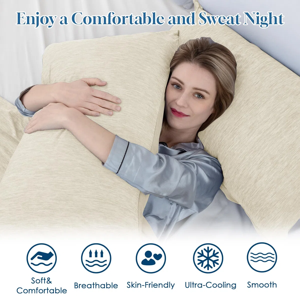Funda de Almohada Reversible Refrescante con Cremallera, Q-MAX 0,45 Protección Almohada Sudores Nocturnos y Sofocos, Pack de 2, Beige, 50x90cm
