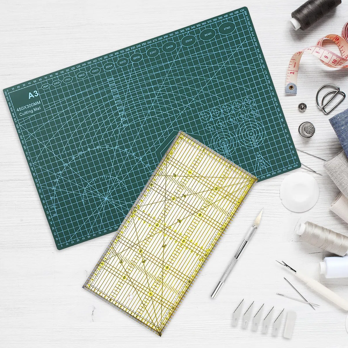 Juego de Alfombrillas de Corte A3, Alfombrilla de Dibujo Autorreparable con Regla de Acolchado y Cuter de Manualidades, Tapete de Corte con Reglas de Costura, Cutting Mat para Manualidades