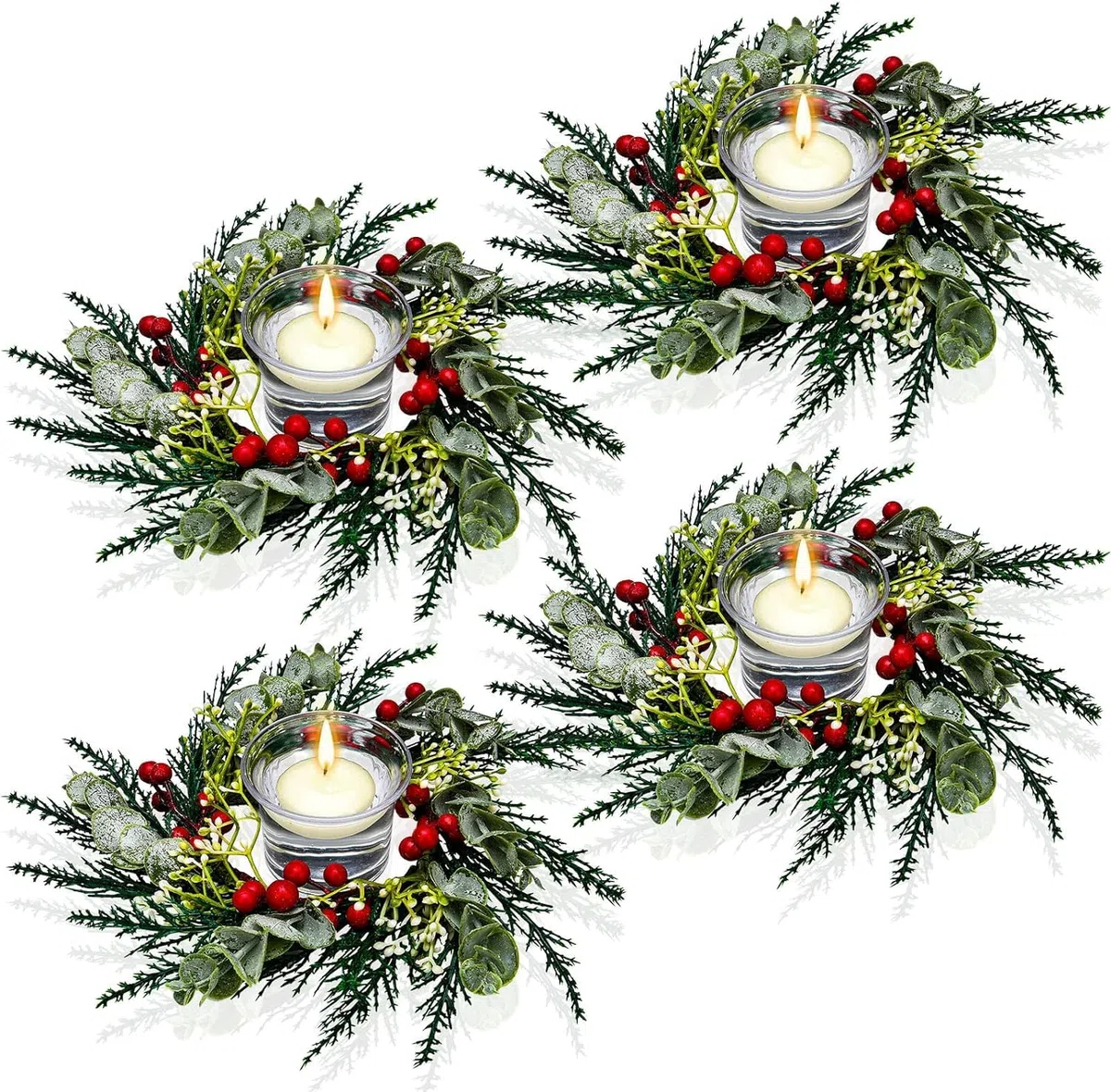 LATERN 8 Piezas Anillos de Velas Navideñas, 20CM Corona de Frutos Rojos Artificiales Anillo de Vela con Agujas de Pino Nevado para Pilares Rústico Boda Central Puerta Principal Navidad Mesa Decoración