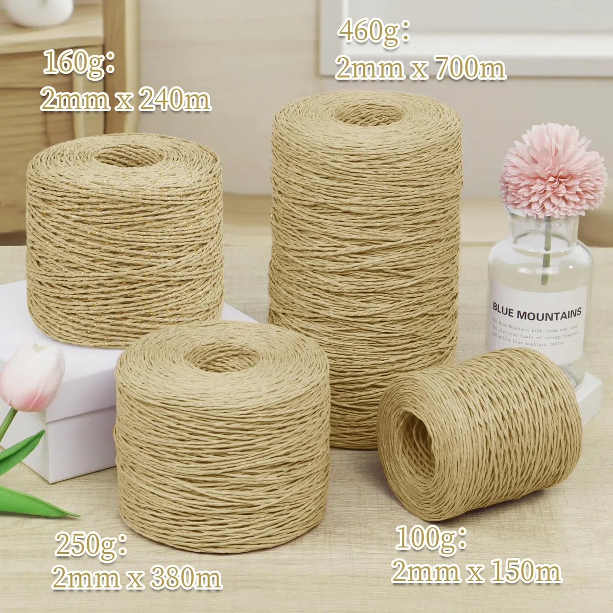 Uiopa Rafia para Tejer Crochet, 250g/380m Hilo de Rafia Natural, Hilo Crochet de Papel para Bolsos, Sombreros, Cestas, Decoración, Manualidades