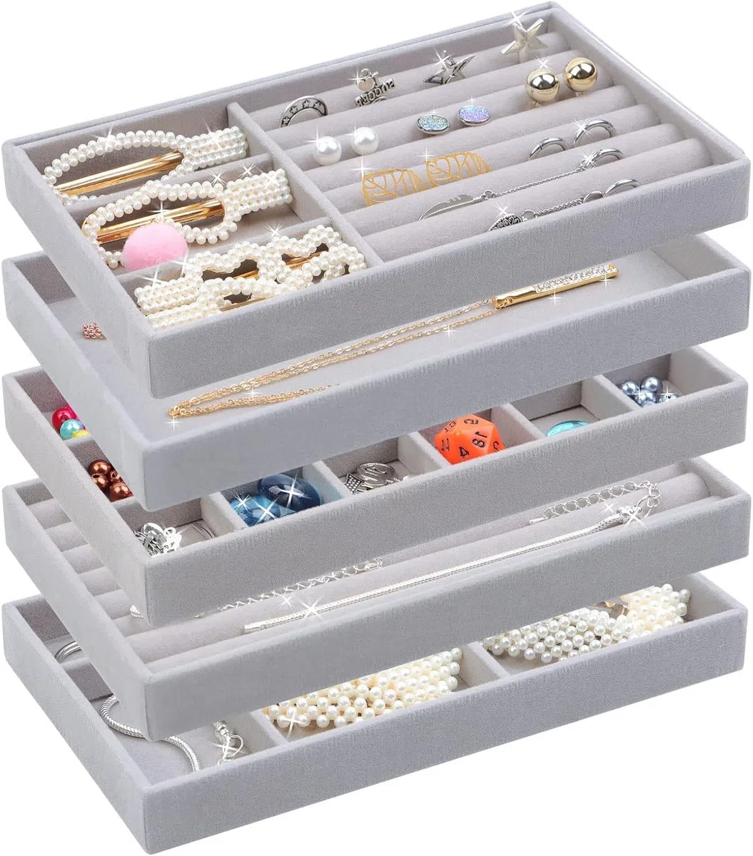 5Pcs Bandejas de Joyería,Bandeja de Terciopelo Apilables de Joyas,6/3/18/0cuadrículas,Bandeja Almacenamiento de Joyas Organizador deJoyas para Mujer y Niña,Joyas Anillos Pulseras Relojes-Gris