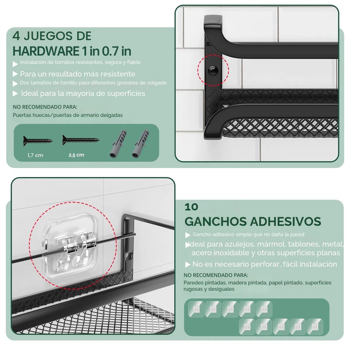 TRAYINDALY Especieros Para Cocina, 4 Piezas Especiero Pared, Organizador Cocina Con 4 Ganchos Móviles, Organizador Especias Cocina Sin Taladrar, Spice Rack Negro para Cocina Armarios y Baño