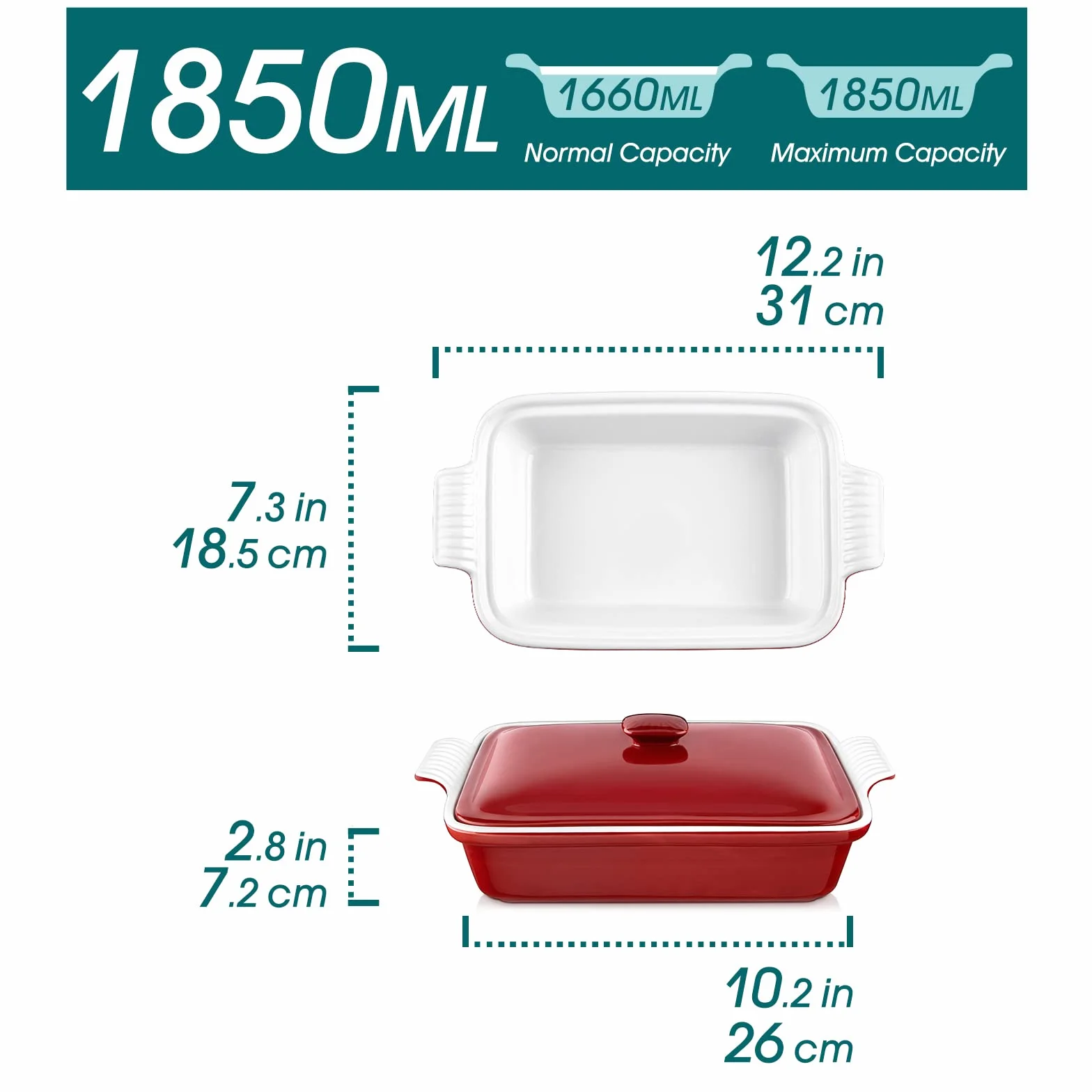 Vancasso serie Blossmo Molde Rectangular con Tapa, Fuente para Horno1800 ml, 31,5 x 18 x 7,3 cm Rojo