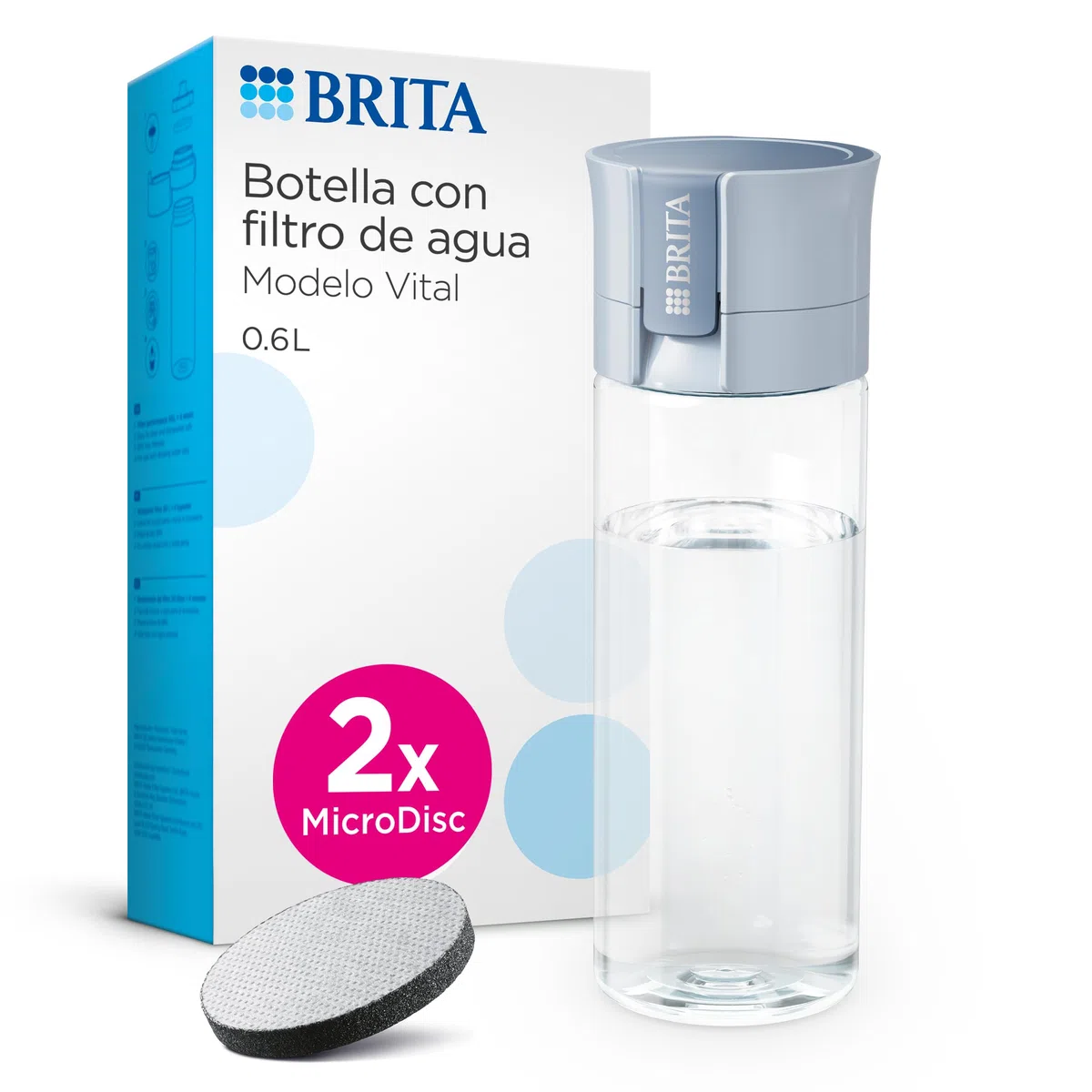 BRITA Botella filtrante de agua modelo VITAL Azul Claro (600 ml) con 2 filtros MicroDisc, hidratarse en cualquier lugar, elimina cloro, impurezas, preserva minerales (El embalaje puede variar)