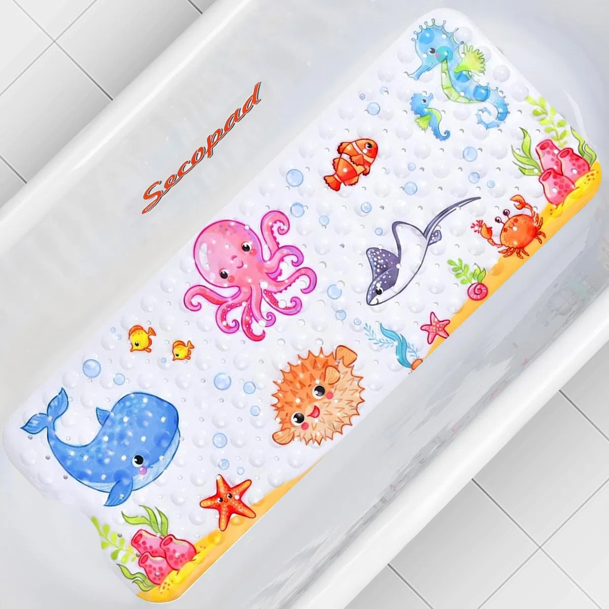 Secopad Alfombrilla de baño antideslizante, lavable a máquina, antideslizante, con agujeros de drenaje y ventosas para niños pequeños y niños, 40 x 16 pulgadas, rectangular, pulpo rosa