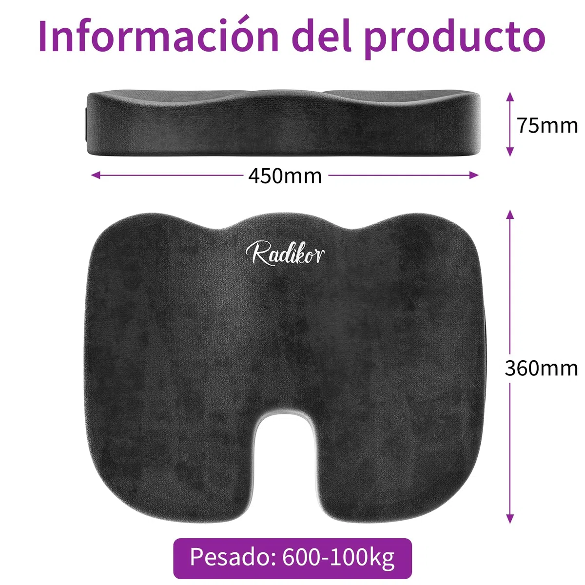 Radikor Cojin Coxis, Cojin Silla Oficina, Cojin Ortopedico Ergonómico, Fabricado en Espuma con Memoria, con Base Antideslizante, Alivia el Coxis, Negro