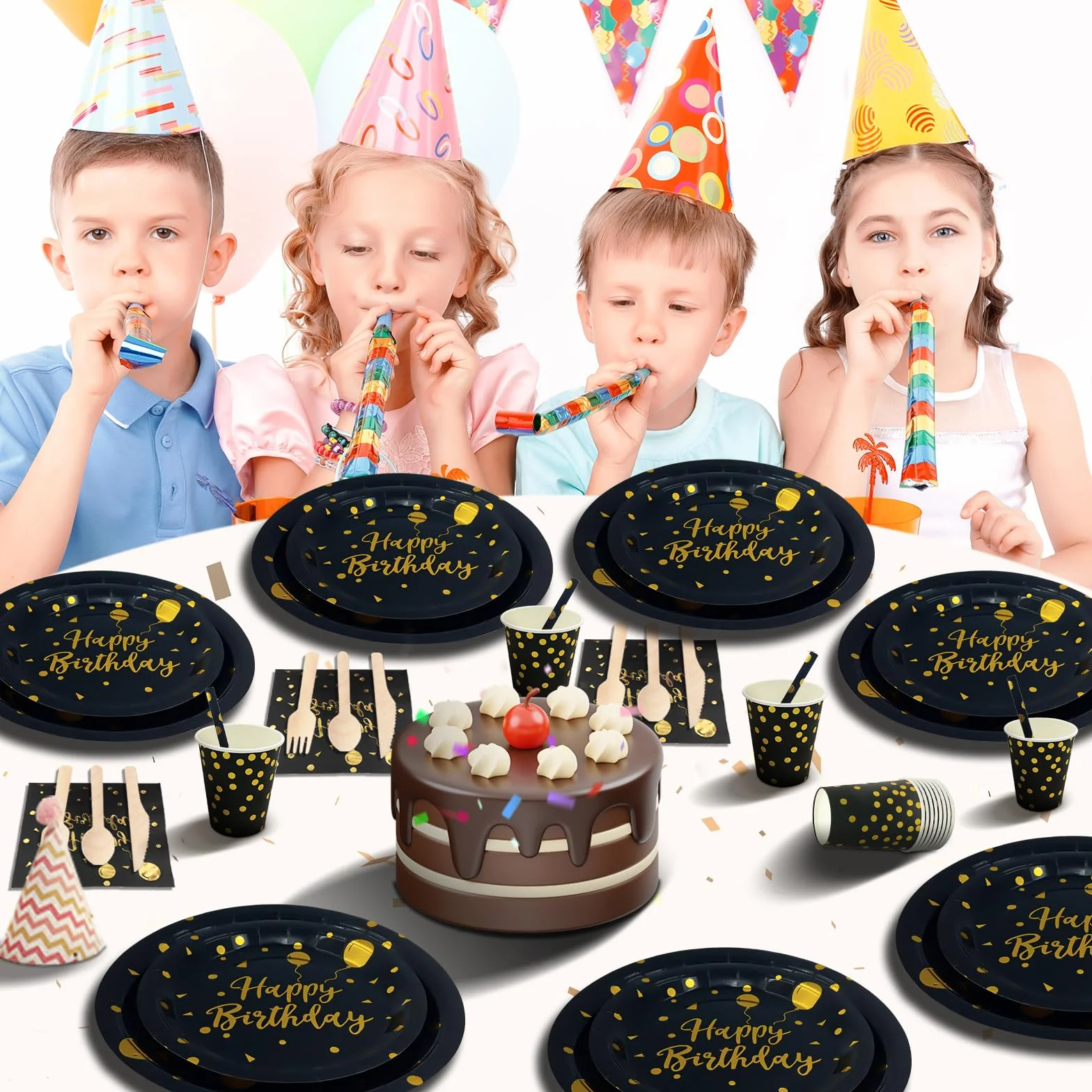 Cumpleaños Vajilla de Fiesta,193 Pcs Oro Negro Vajilla Set Platos Fiesta Tazas Servilletas Cuchillos Tenedores Cuchara y Mantel, para todo tipo de Fiestas Temáticas -24 invitados