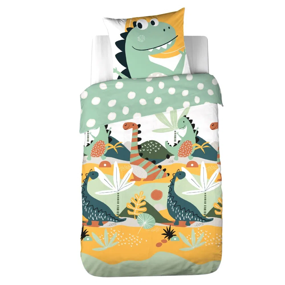 Côte Deco - Juego de cama infantil reversible de dinosaurios prehisto verde, funda nórdica de 140 x 200 cm y 1 funda de almohada de 63 x 63 cm