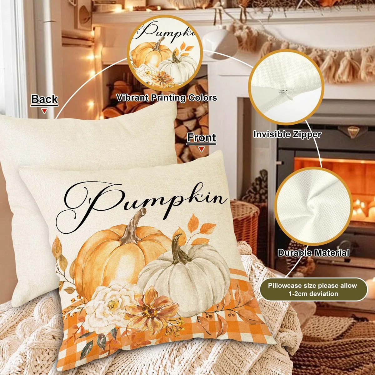 Benjia Juego de 4 Fundas de cojín de otoño de 45x45 cm, Hojas caídas Calabaza Fundas de Almohada de otoño Cubiertas de Almohadas 45 x 45 cm para Acción de Gracias Halloween Home Sofá-Naranja