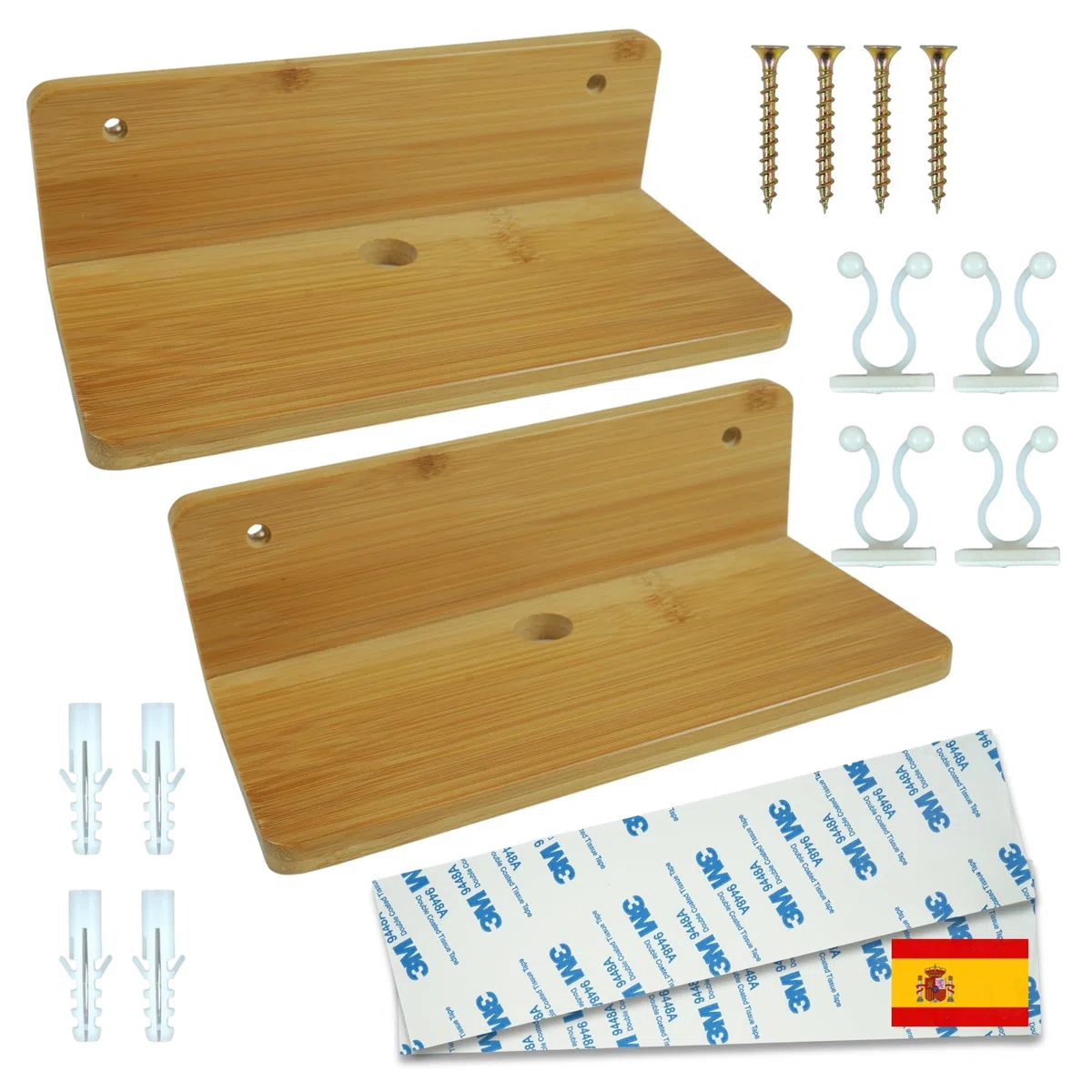 ️ 2 Baldas de Pared Sin Agujeros de Madera Bambu Pequeñas + 2 Adhesivos + 4 Tornillos con Tacos + 4 Clips Recoge Cables | Repisas de Pared sin Taladro | Estanteria Sin Agujeros (22 x 9,5 cm)