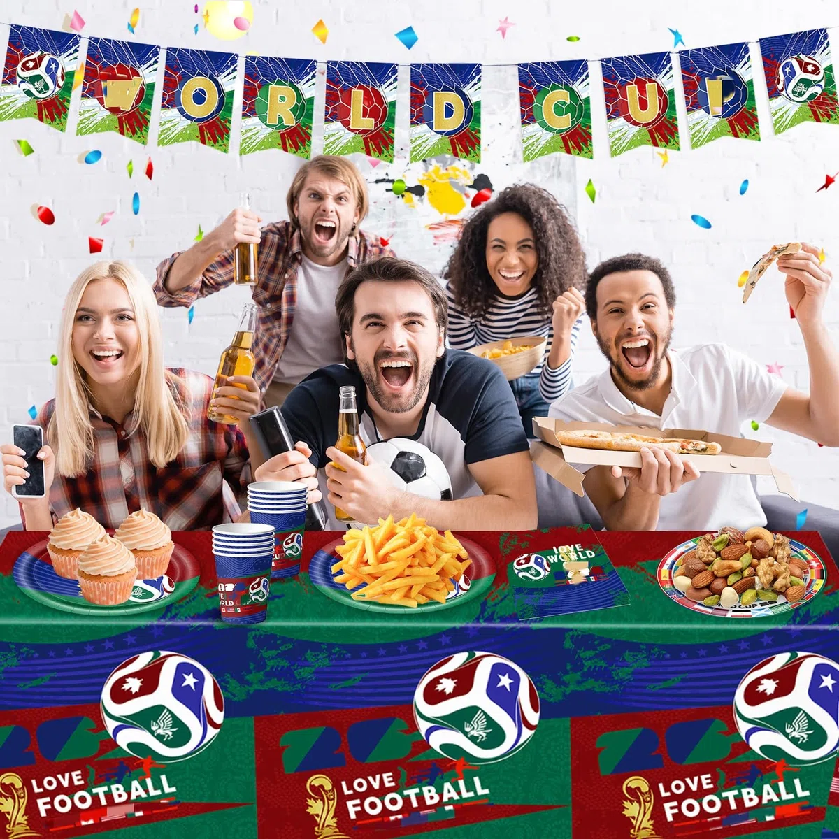 52pcs WM 2026 Juego de Vajilla para Fiesta de Fútbol, Fútbol Party Tableware Set para Cumpleaños Incluye Platos Vasos Servilletas Mantel y Pancarta, para Cumpleaños de Fútbol 10 Invitados