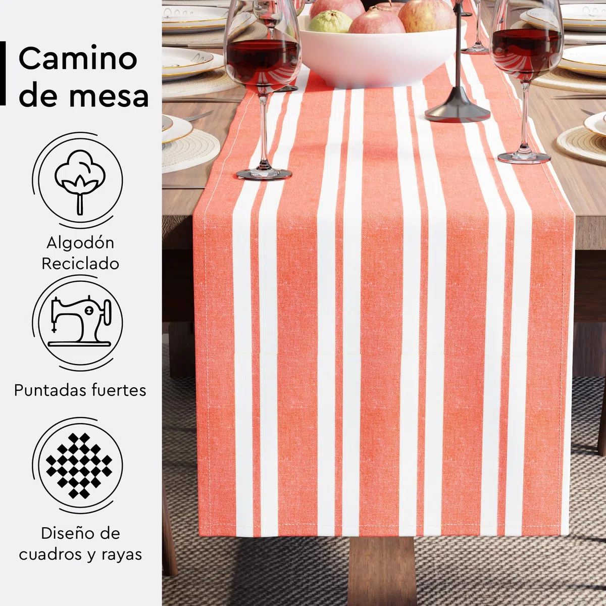 Encasa XO Corredor de Mesa de Algodón | Tamaño 32x150 cm | Franca Orange Stripes - Lavable a Máquina y Duradero