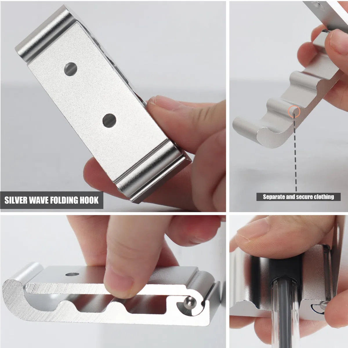 OHIYO Ganchos de pared plegables, paquete de 6 ganchos de pared para colgar abrigos, toallas, perchas, sombreros, mochilas, ganchos de pared, ganchos plegables ondulados (Plata)