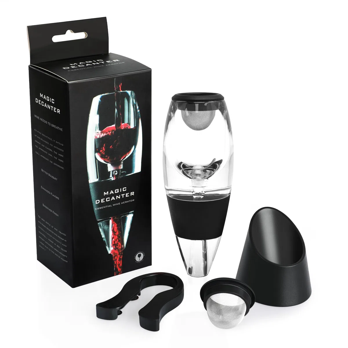 Aerador y Decantador de Vino con 2x Filtros de Malla de Acero Inoxidable + 1x Cortador de Papel con Soporte, Jarra Decantadora para Vino Tinto, Accesorios para Vino Tinto, Negro