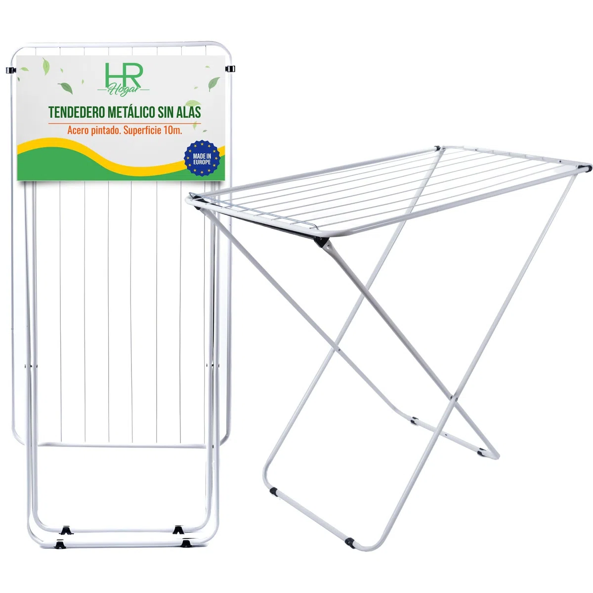 Tendedero de Ropa Plegable Sin Alas de Acero Blanco con Superficie de Secado 10m - Ligero y Compacto con Patas Antideslizantes con Fácil Plegado para Pequeños Espacios - Fabricado en Europa