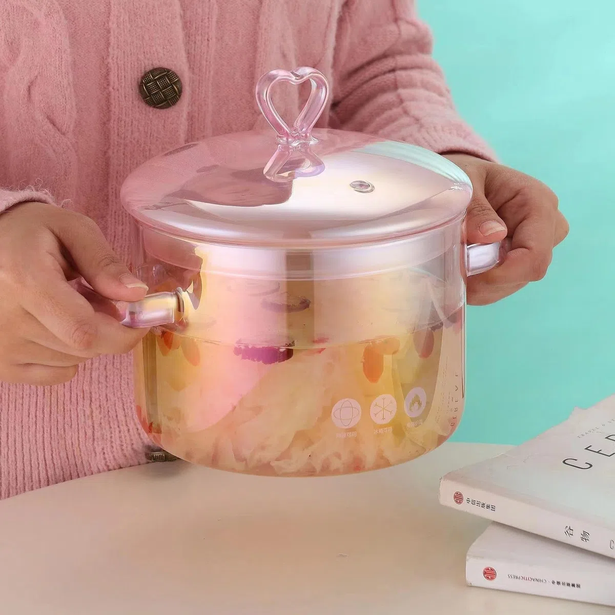 1.5L Olla De Cristal Con Tapa, Olla Rectas De Vidrio Con 2 Asas, Sartén De Cristal Resistente Calor Con Tapa, Para Pasta, Sopa, Leche, Té Y Ensalada (Amor)
