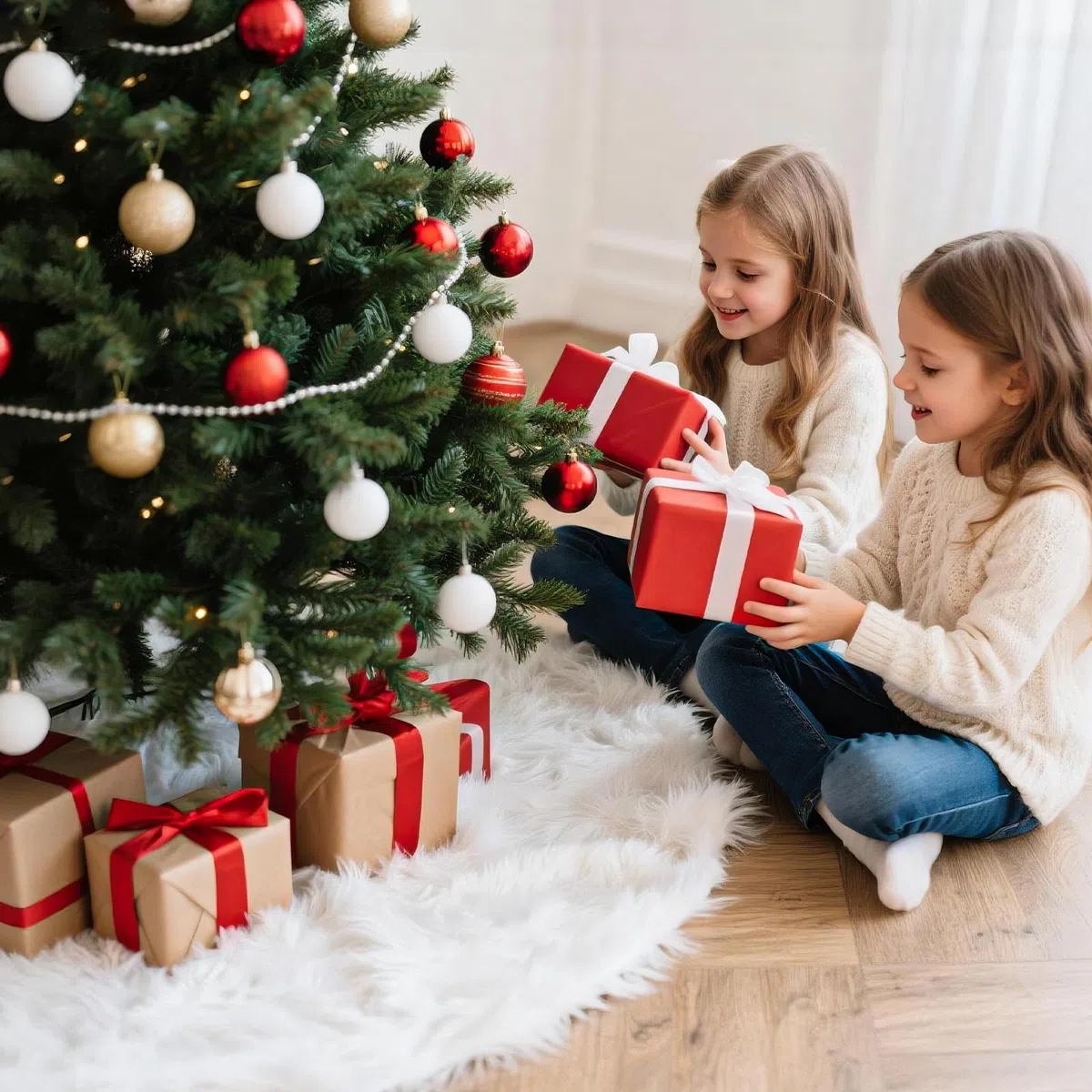 Faldón para Árbol de Navidad 90cm, Cubresuelos de Pelo Blanco Suave con 5 Adhesivo para Fijar alfombras para Decoración de Árbol de Navidad, Decoración Navideña para Interior