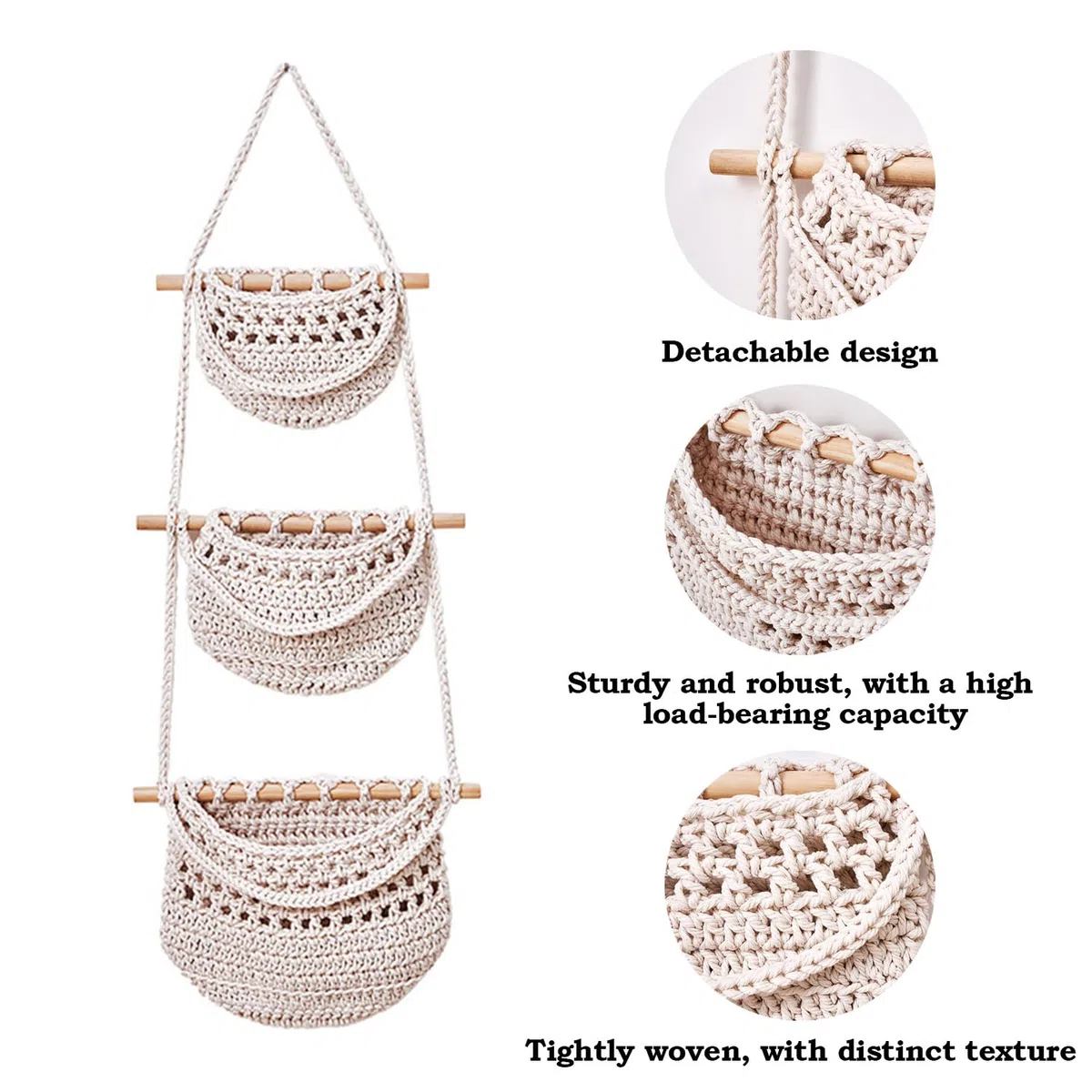 Cesta Colgante de Frutas, Hecha a Mano Cesta de Fruta, Cesta de Frutas Colgantes de Tejido, Diseño Desmontable, Adecuado Para Almacenar Fruta, Verdura, Aperitivos y Otros Artículos, Beige