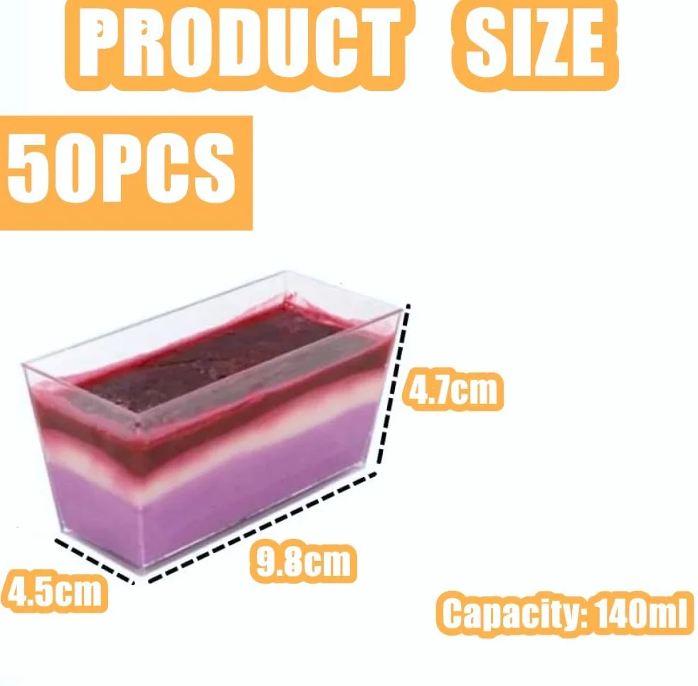 LATERN 50 Piezas Tazas de Postre de Plástico, 140ml Vasos de Postre Rectangulares Copa de Aperitivo de Parfait Transparente Tazón para Servir Reutilizable para Fiesta de Mousse Pudín (9,8 x 4,7cm)