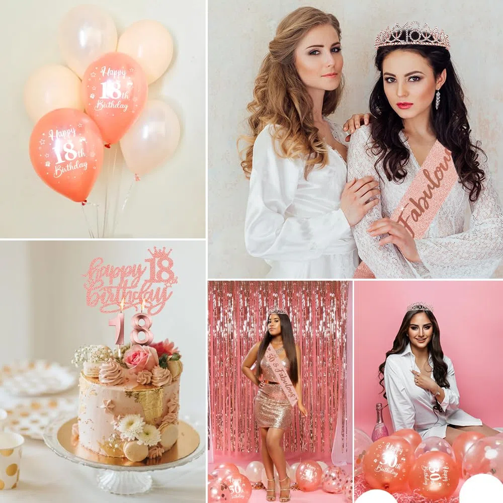 50 Años Corona Banda Mujer Tiara y Faja de Oro Rosa, Globos, Velas Números 50, Topper de Tarta, Decoración Fiesta Cumpleaños