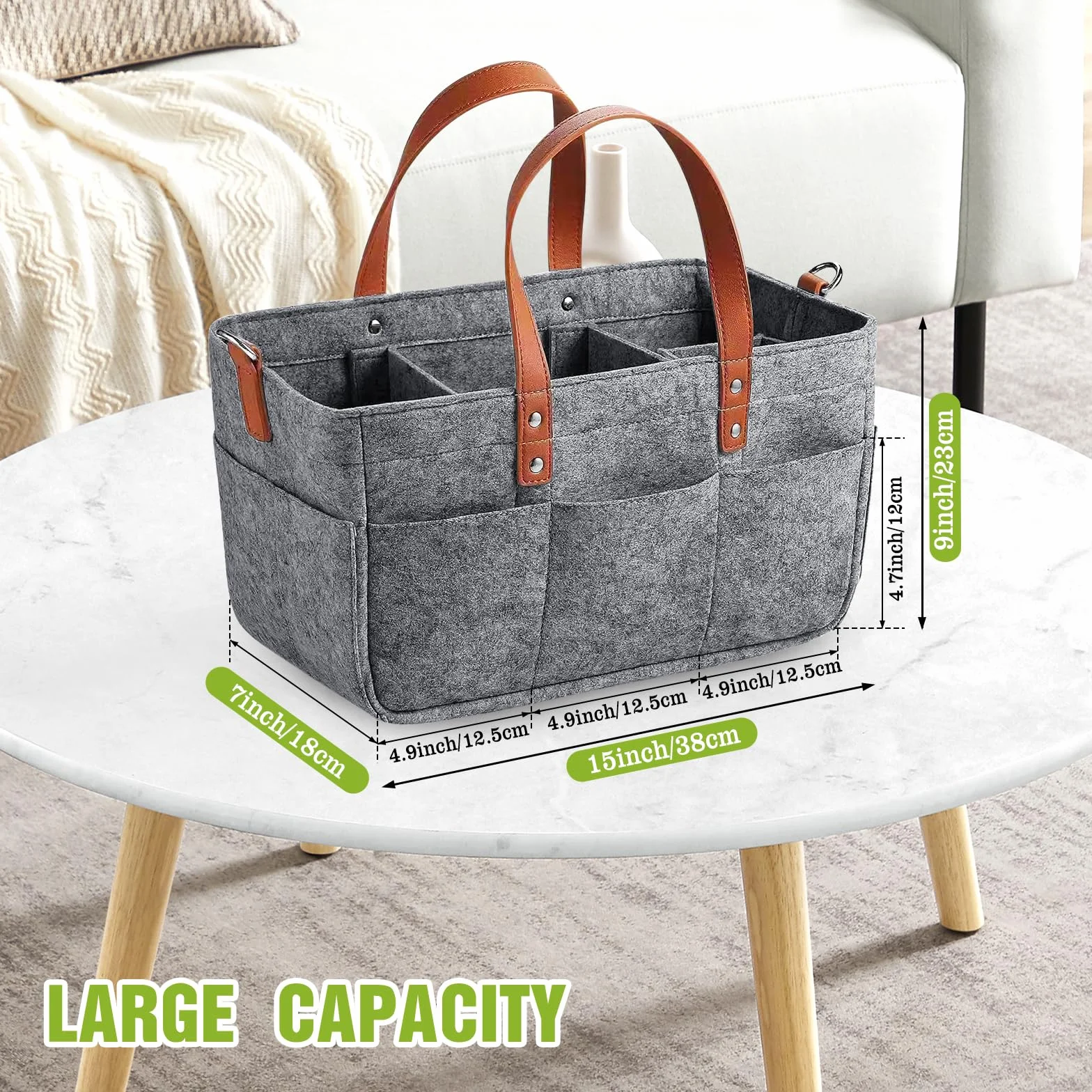 2 Piezes Bolsa de Fieltro, 16L Bolsa Compra Cesta de la Compra de Fieltro Plegable y Versátil con Compartimento y Bolsillo para Compras, Picnic, Leña, Juguetes - Gris Oscuro/ 38x23x18 cm
