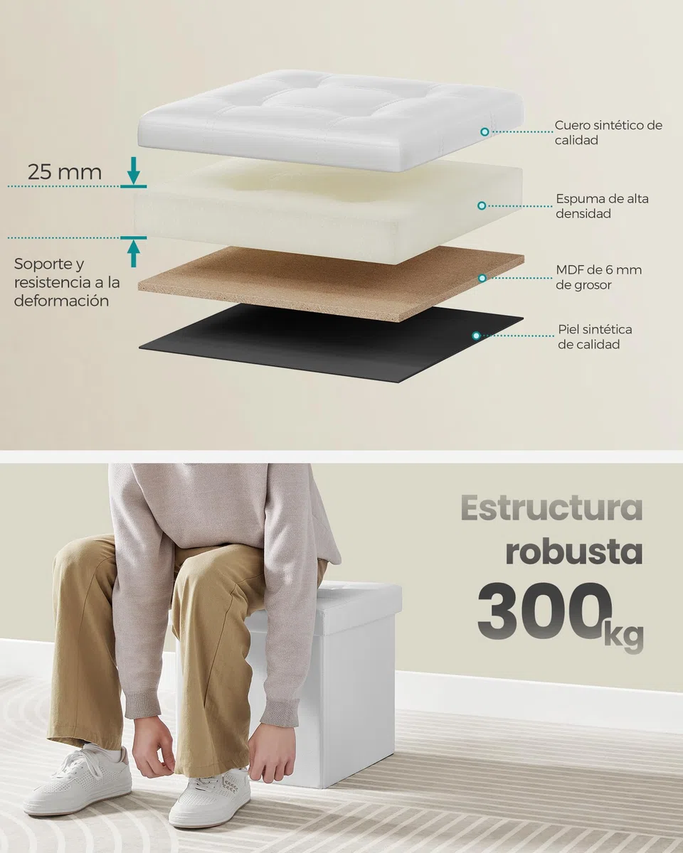 SONGMICS Puff Almacenaje de 38 cm, Banco de Almacenamiento Plegable con Tapa, Reposapiés, Cuero Sintético, Carga de 300 kg, para Entrada, Sala de Estar, Dormitorio, Blanco Nube LSF030W11
