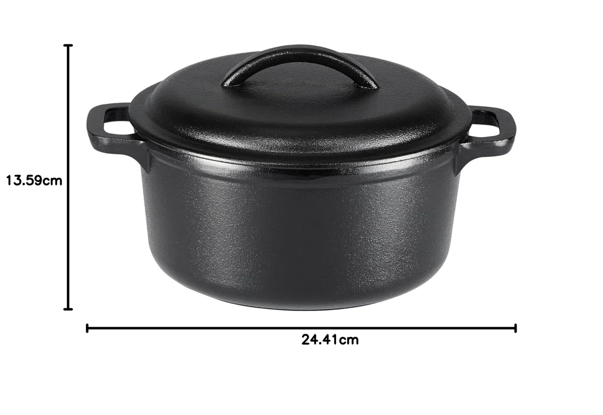 Amazon Basics Redondo Horno holandés de hierro fundido pretratado con asa doble, 1.89 l, Negro