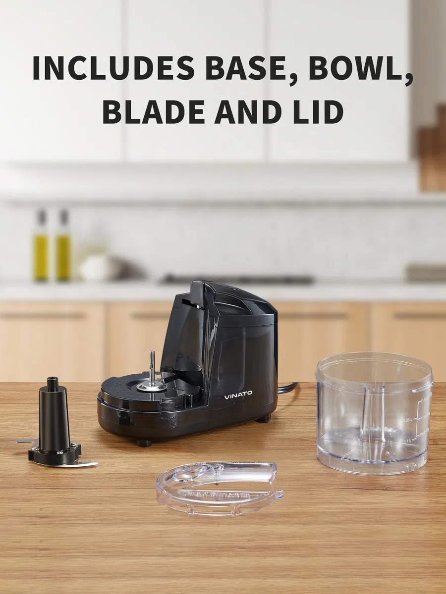 VINATO Picadora Eléctrica, Picadora Eléctrica Multiusos con 2 Cuchillas de Acero Inoxidable, Capacidad de 350 ml, para Picar Carne, Cebollas, Frutas y Verduras.