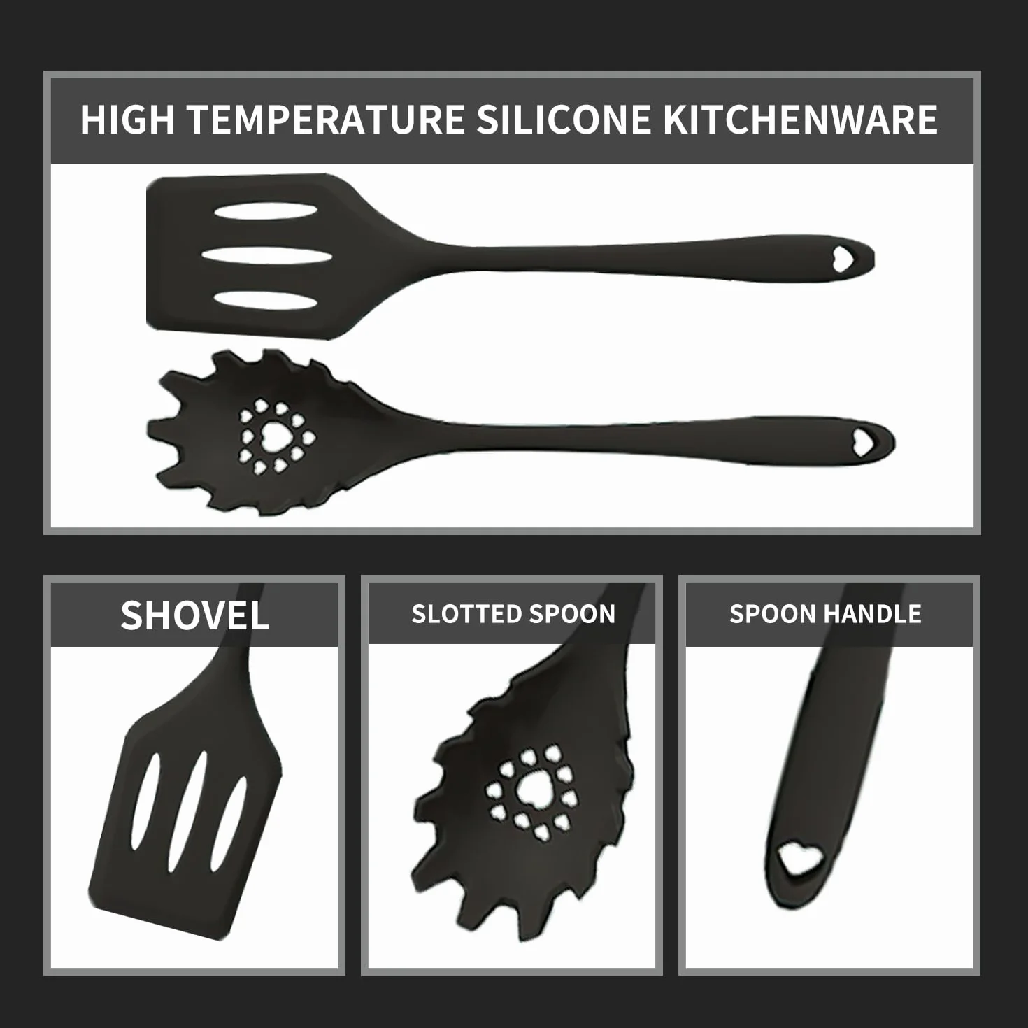 18 Piezas Utensilios de Cocina de Silicona Resistente al Calor Con Cubo para Guardar (Negro)