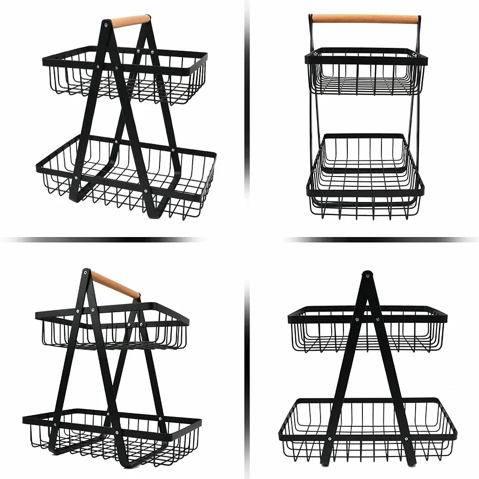 Cesta de Frutas de 2 Niveles, Fruteros de Cocina 2 Pisos, Cesta de Cocina para Frutas y Verduras, Negro Frutero 2 Pisos para Cocinar, Verduras, Aperitivos y Pan