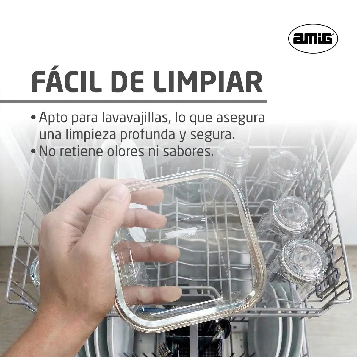 Amig - Set de 4 Recipientes cuadrados Herméticos para Alimentos - Capacidad: 320 ml - 112 x 112 x 50 mm - Contenedor de Cristal para Microondas, Horno, Congelador y Lavavajillas - Color verde