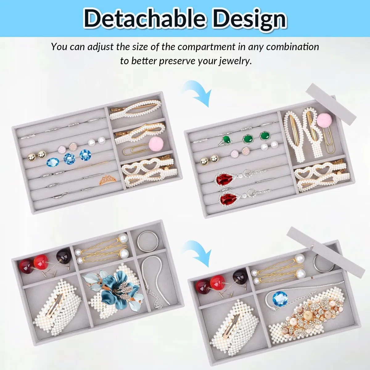 5Pcs Bandejas de Joyería,Bandeja de Terciopelo Apilables de Joyas,6/3/18/0cuadrículas,Bandeja Almacenamiento de Joyas Organizador deJoyas para Mujer y Niña,Joyas Anillos Pulseras Relojes-Gris